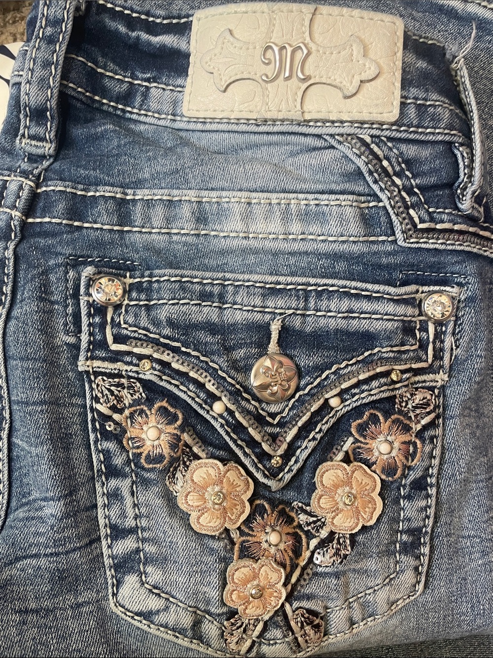 Miss Me Blue Embroidered Floral Pocket Bootcut jeans